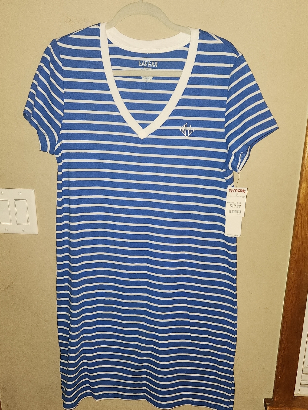 Lauren Ralph Lauren Blue & White Striped Pullover Pajama Dress Size L.